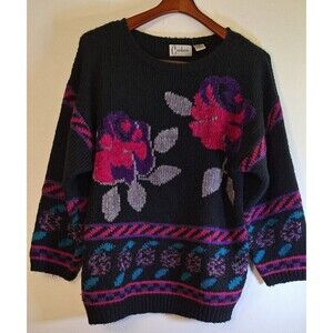 Vtg CARDUCCI Chunky Knit Floral 3D Sweater Women's Sz L 90's Coquette Boho Retro